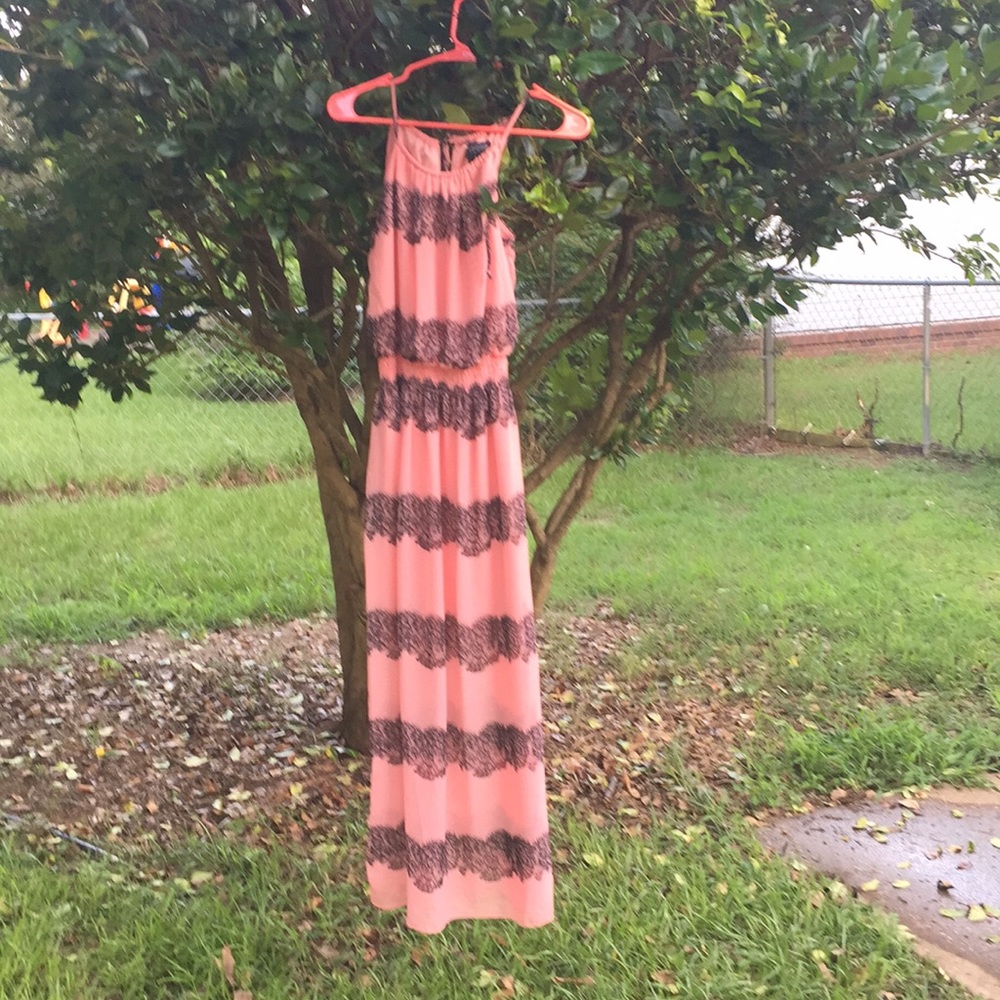 Pink maxy dress with black lace stripes